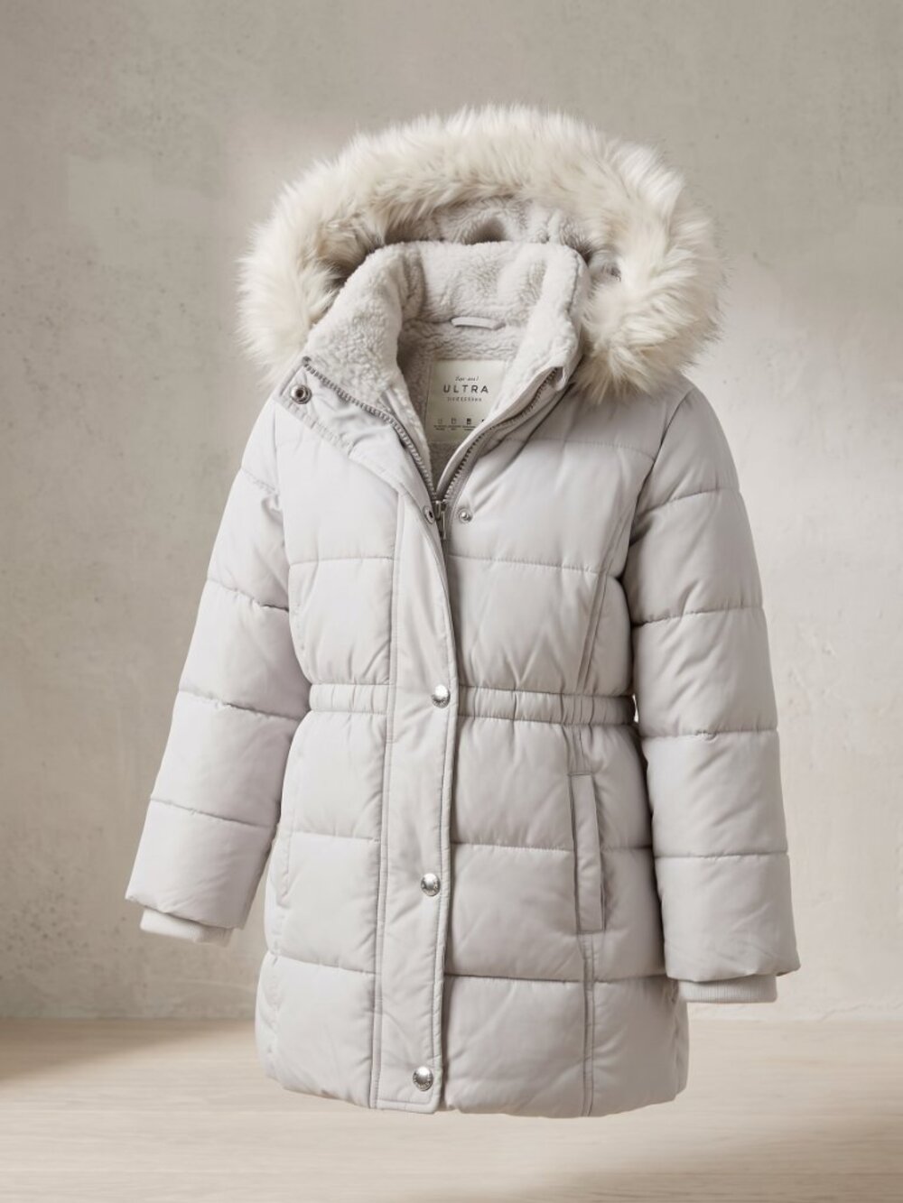 Abercrombie & Fitch Kids Light Gray Hooded Puffer Coat with Faux Fur Trim